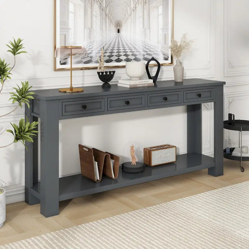 Consolle, Blu scuro / Marrone chiaro / Bianco antico, Stile rustico, 4 cassetti