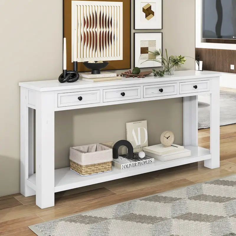 Consolle, Blu scuro / Marrone chiaro / Bianco antico, Stile rustico, 4 cassetti