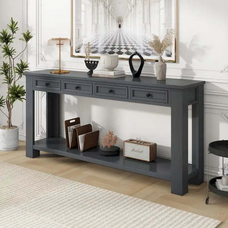 Consolle, Blu scuro / Marrone chiaro / Bianco antico, Stile rustico, 4 cassetti
