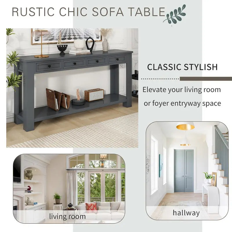 Consolle, Blu scuro / Marrone chiaro / Bianco antico, Stile rustico, 4 cassetti