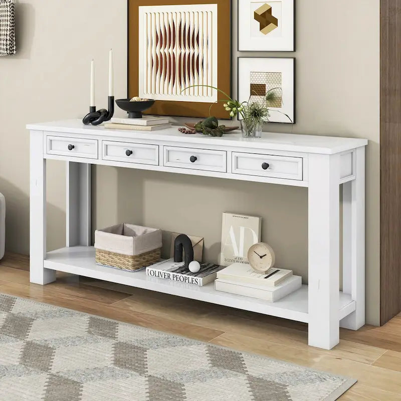 Consolle, Blu scuro / Marrone chiaro / Bianco antico, Stile rustico, 4 cassetti