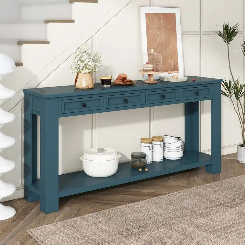 Consolle, Blu scuro / Marrone chiaro / Bianco antico, Stile rustico, 4 cassetti