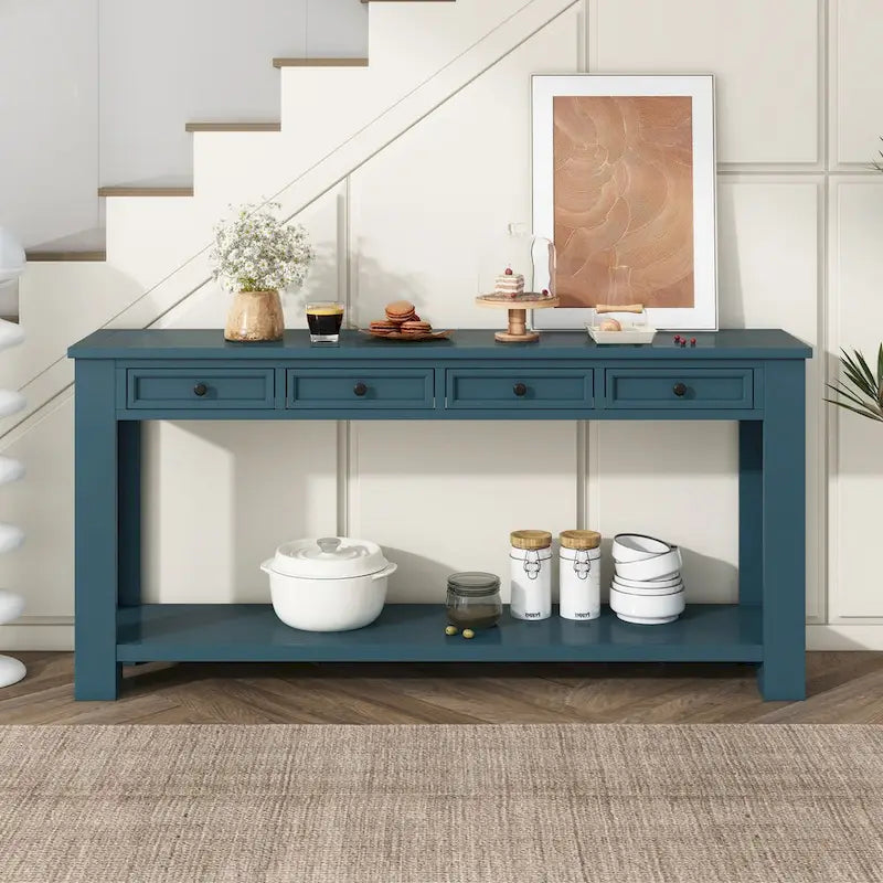 Consolle, Blu scuro / Marrone chiaro / Bianco antico, Stile rustico, 4 cassetti