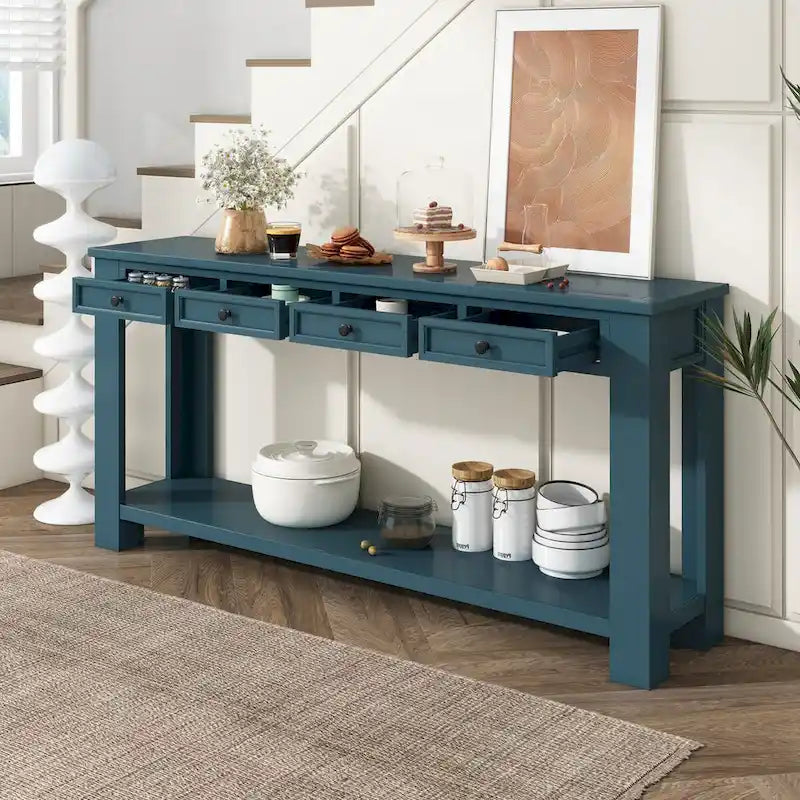 Consolle, Blu scuro / Marrone chiaro / Bianco antico, Stile rustico, 4 cassetti