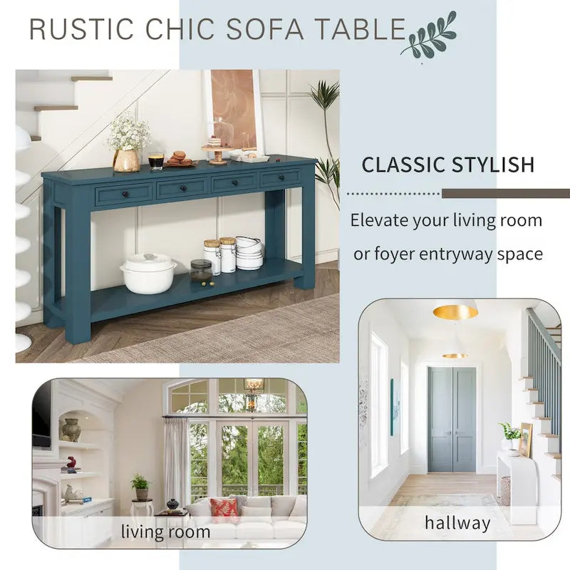 Consolle, Blu scuro / Marrone chiaro / Bianco antico, Stile rustico, 4 cassetti