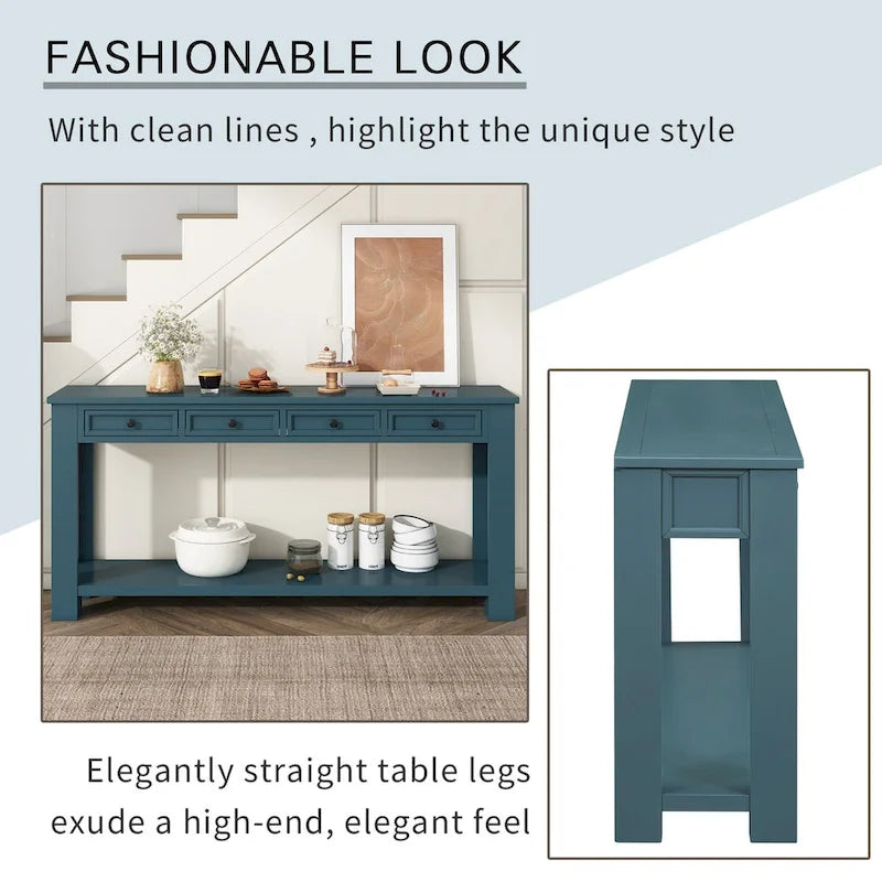 Consolle, Blu scuro / Marrone chiaro / Bianco antico, Stile rustico, 4 cassetti