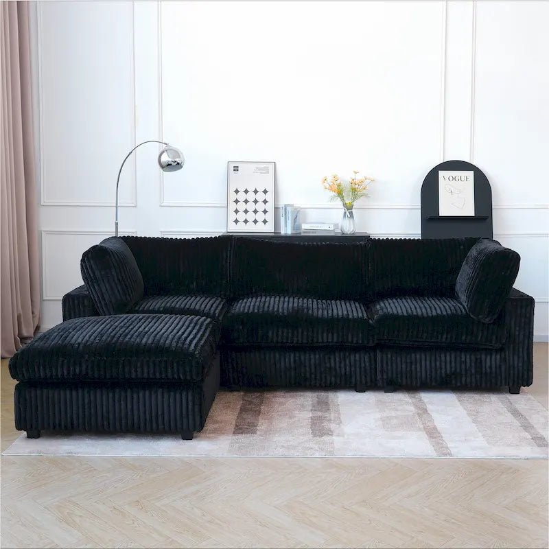 Divano componibile a L con pouf, poliestere, 4 posti – Nero / Beige / Marrone scuro / Bianco