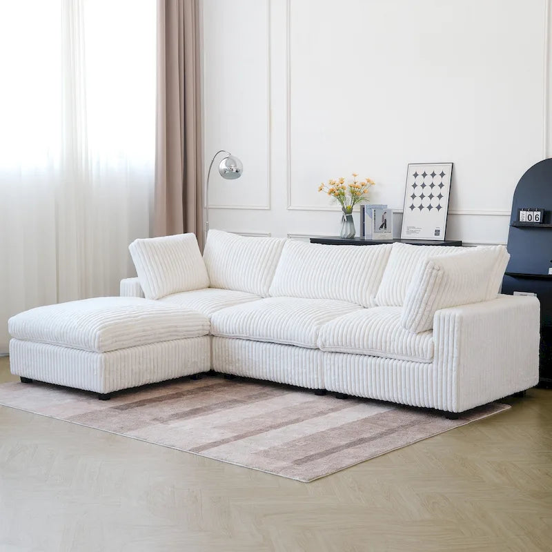 Divano componibile a L con pouf, poliestere, 4 posti – Nero / Beige / Marrone scuro / Bianco