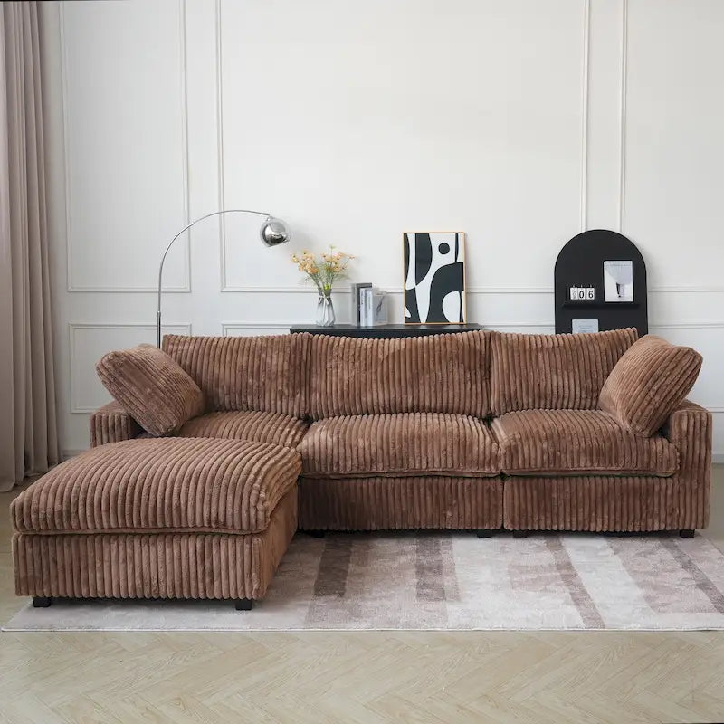 Divano componibile a L con pouf, poliestere, 4 posti – Nero / Beige / Marrone scuro / Bianco