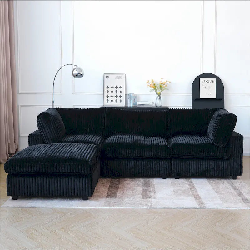 Divano componibile a L con pouf, poliestere, 4 posti – Nero / Beige / Marrone scuro / Bianco