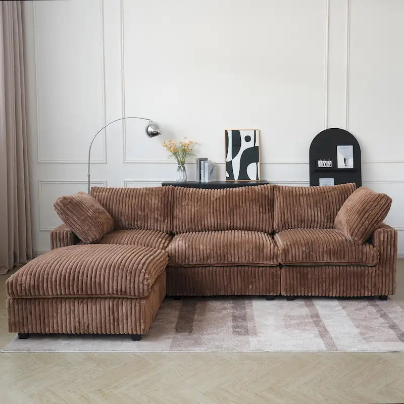 Divano componibile a L con pouf, poliestere, 4 posti – Nero / Beige / Marrone scuro / Bianco