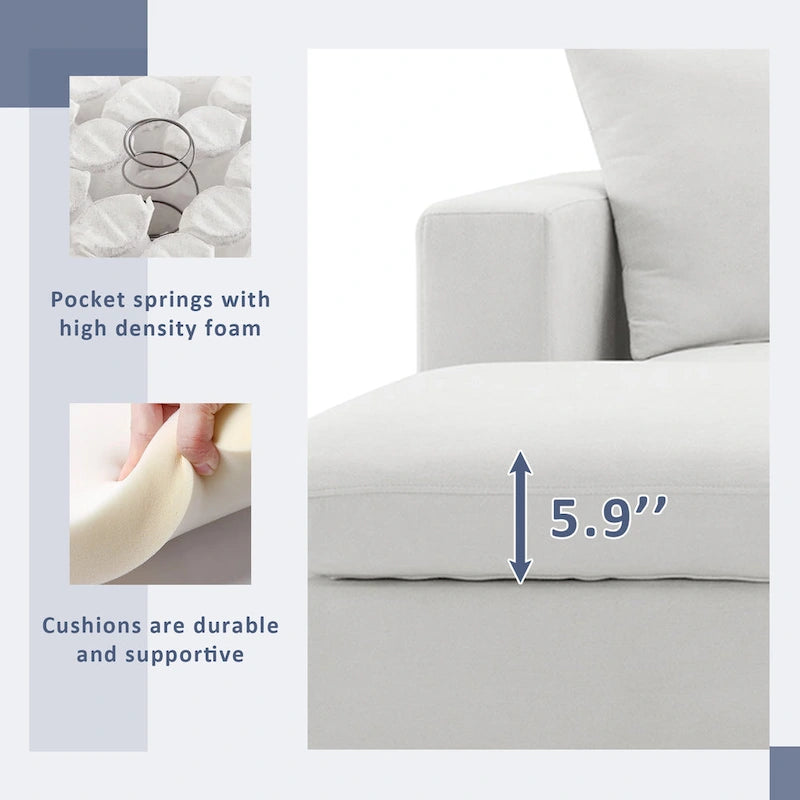 Divano componibile a L con pouf, poliestere, 4 posti – Nero / Beige / Marrone scuro / Bianco
