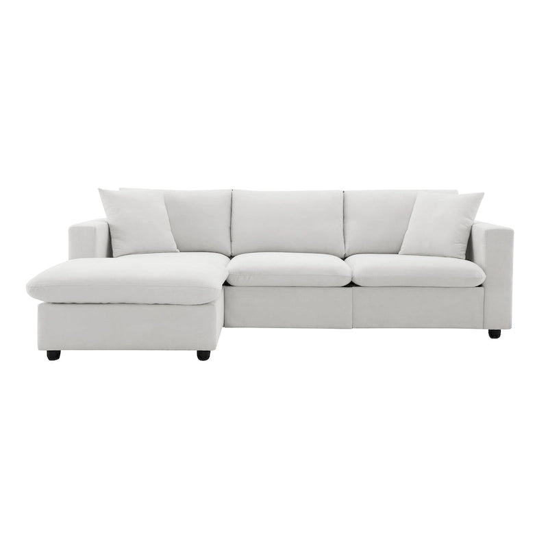 Divano componibile a L con pouf, poliestere, 4 posti – Nero / Beige / Marrone scuro / Bianco