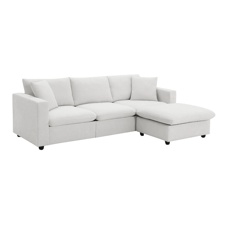 Divano componibile a L con pouf, poliestere, 4 posti – Nero / Beige / Marrone scuro / Bianco
