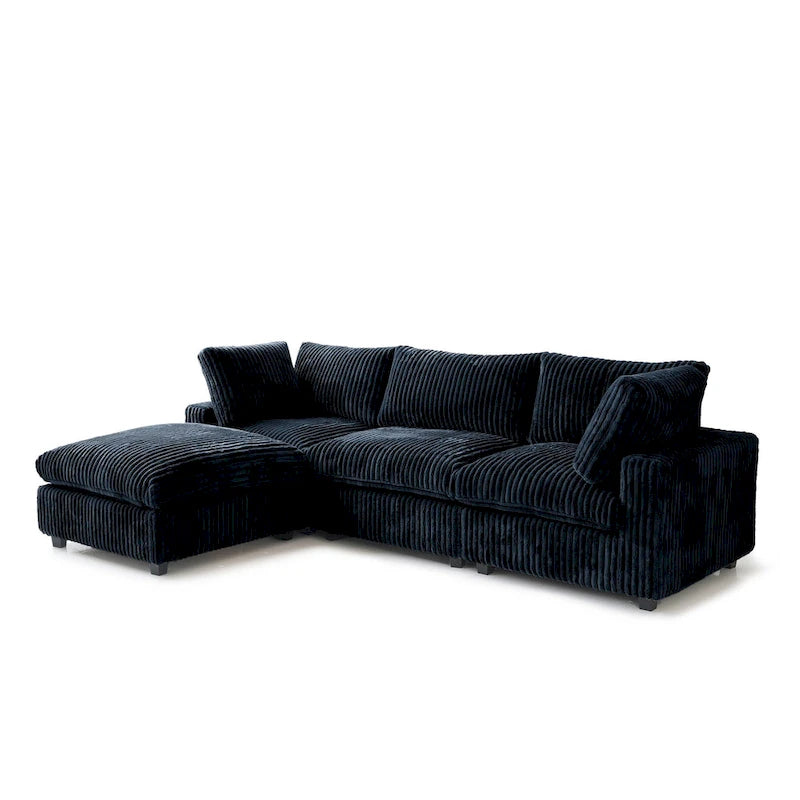 Divano componibile a L con pouf, poliestere, 4 posti – Nero / Beige / Marrone scuro / Bianco