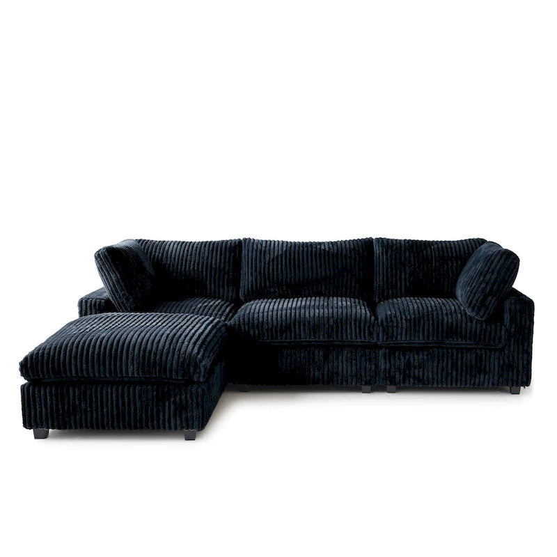 Divano componibile a L con pouf, poliestere, 4 posti – Nero / Beige / Marrone scuro / Bianco