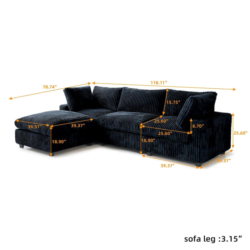 Divano componibile a L con pouf, poliestere, 4 posti – Nero / Beige / Marrone scuro / Bianco