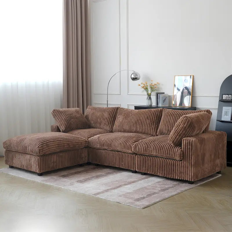Divano componibile a L con pouf, poliestere, 4 posti – Nero / Beige / Marrone scuro / Bianco