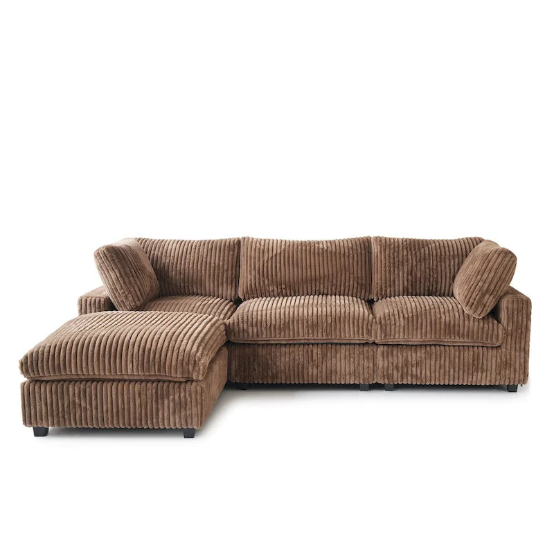 Divano componibile a L con pouf, poliestere, 4 posti – Nero / Beige / Marrone scuro / Bianco