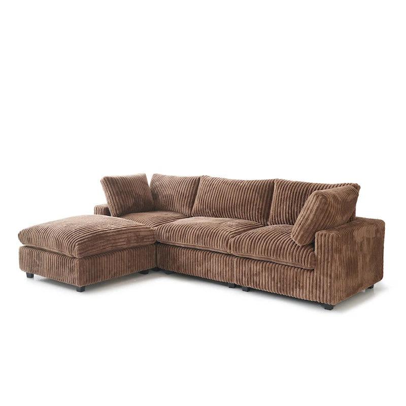 Divano componibile a L con pouf, poliestere, 4 posti – Nero / Beige / Marrone scuro / Bianco