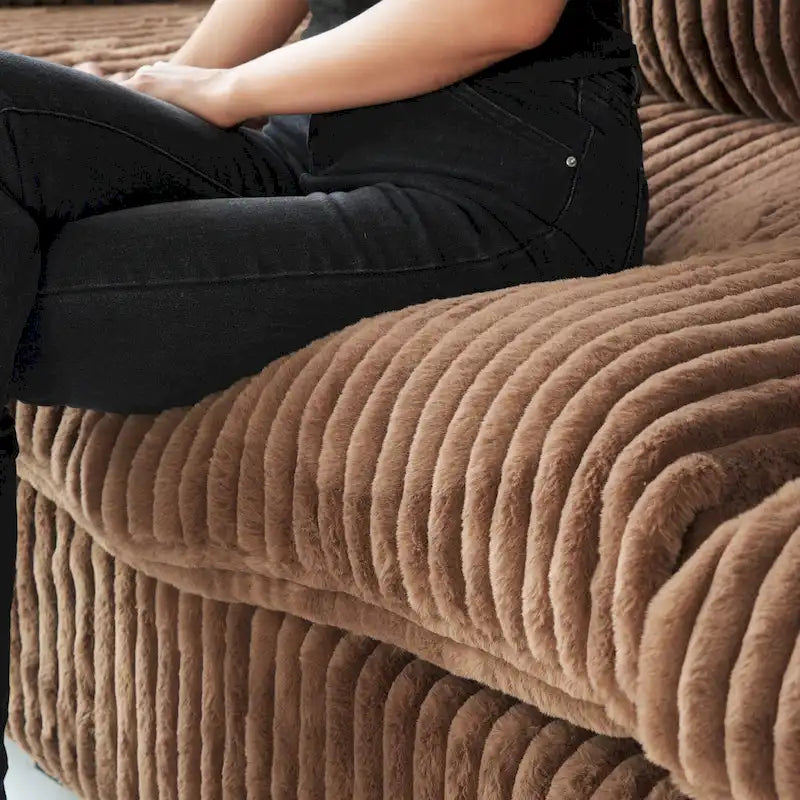 Divano componibile a L con pouf, poliestere, 4 posti – Nero / Beige / Marrone scuro / Bianco