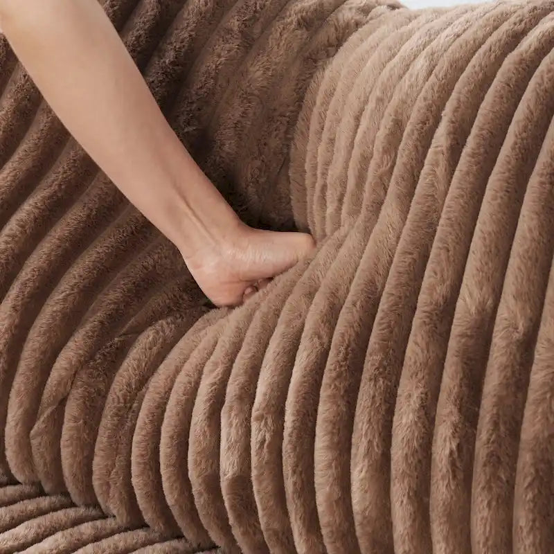 Divano componibile a L con pouf, poliestere, 4 posti – Nero / Beige / Marrone scuro / Bianco