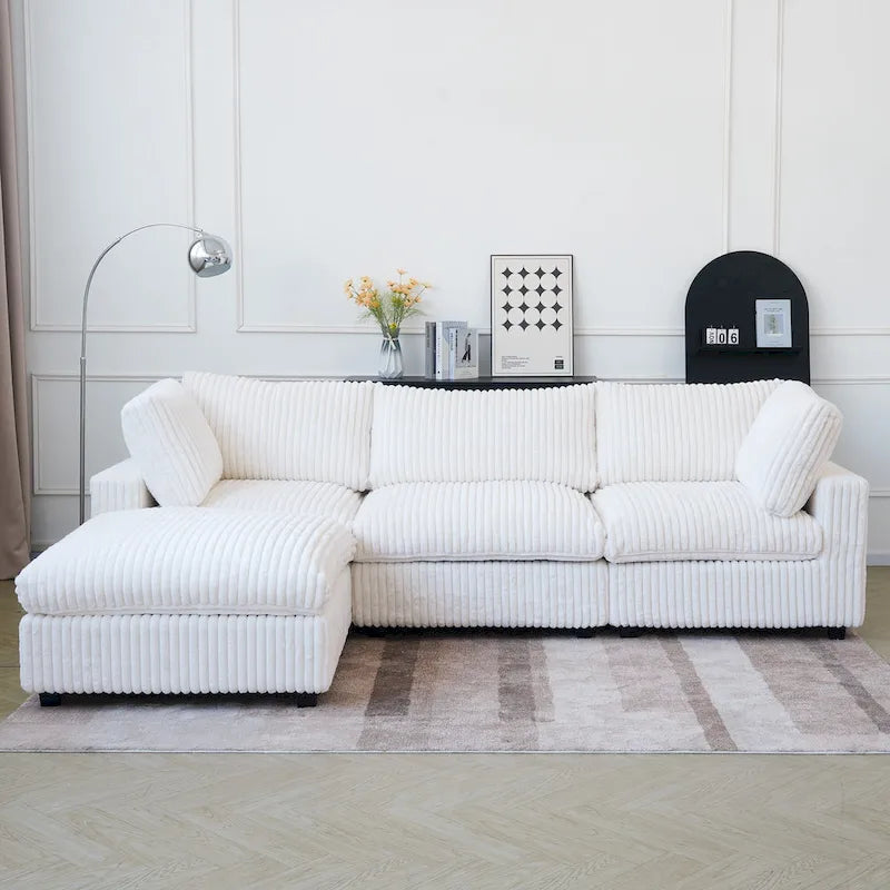 Divano componibile a L con pouf, poliestere, 4 posti – Nero / Beige / Marrone scuro / Bianco