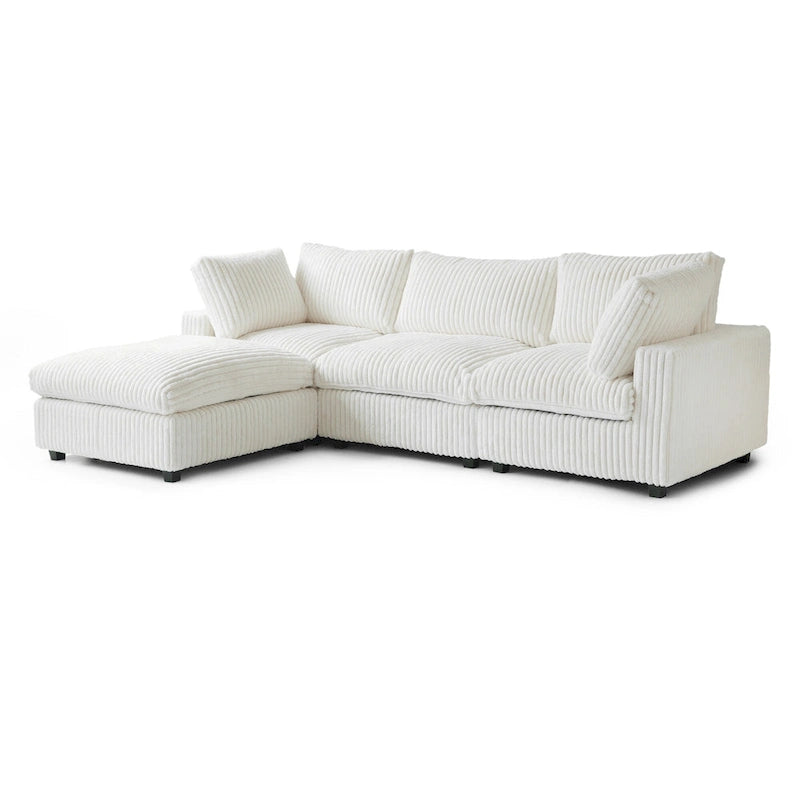 Divano componibile a L con pouf, poliestere, 4 posti – Nero / Beige / Marrone scuro / Bianco