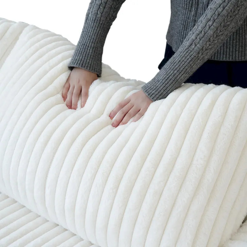 Divano componibile a L con pouf, poliestere, 4 posti – Nero / Beige / Marrone scuro / Bianco