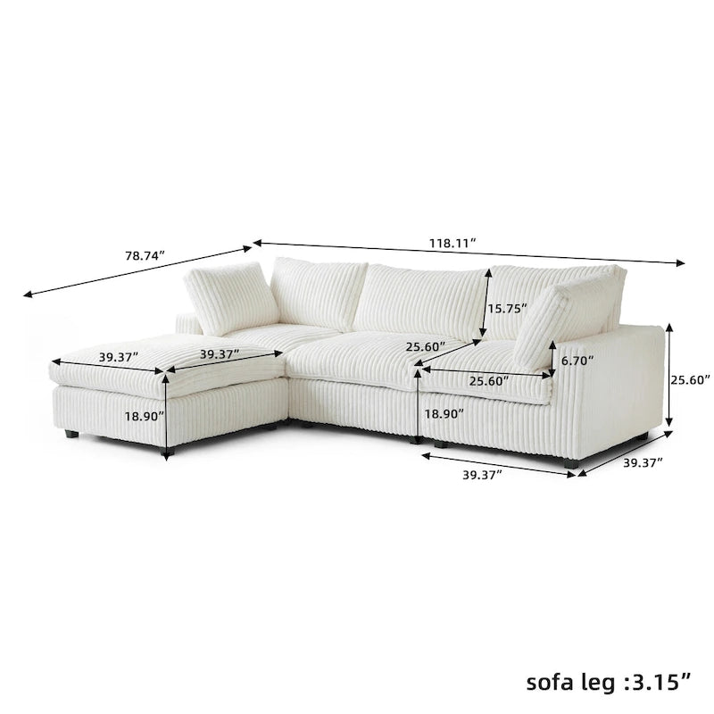 Divano componibile a L con pouf, poliestere, 4 posti – Nero / Beige / Marrone scuro / Bianco