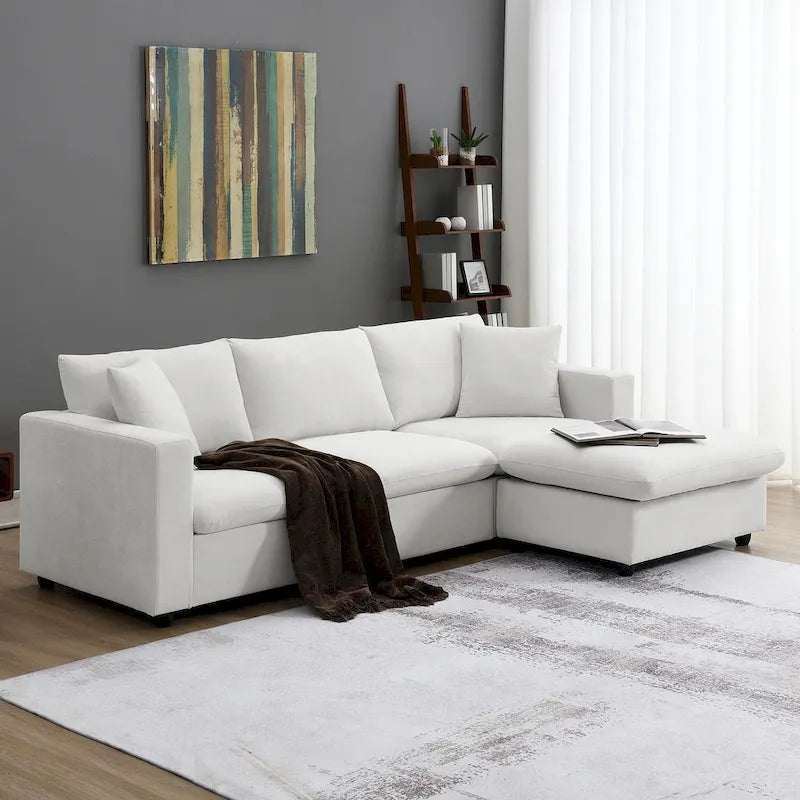 Divano componibile a L con pouf, poliestere, 4 posti – Nero / Beige / Marrone scuro / Bianco