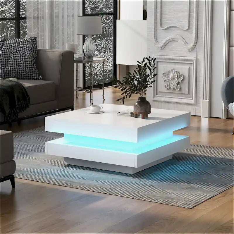 Tavolino da caffè quadrato lucido con LED, bianco/nero, a 2 ripiani