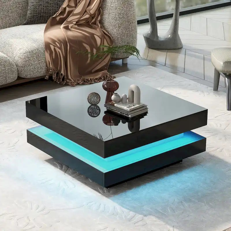 Tavolino da caffè quadrato lucido con LED, bianco/nero, a 2 ripiani