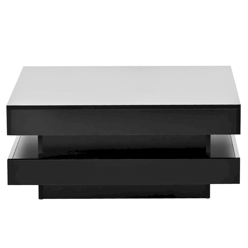Tavolino da caffè quadrato lucido con LED, bianco/nero, a 2 ripiani