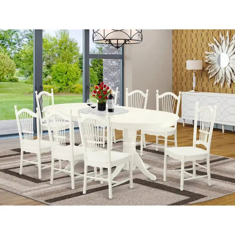 Set tavolo da pranzo ovale bianco lino con sedie con seduta in legno – Opzioni 5/7/9 posti