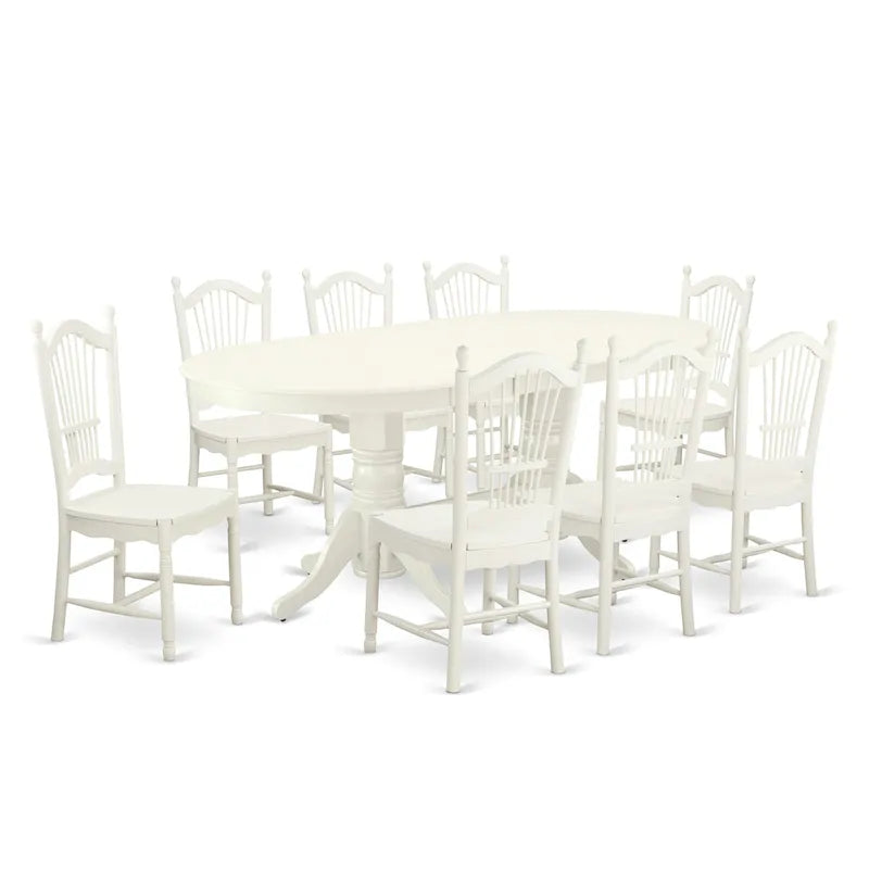 Set tavolo da pranzo ovale bianco lino con sedie con seduta in legno – Opzioni 5/7/9 posti