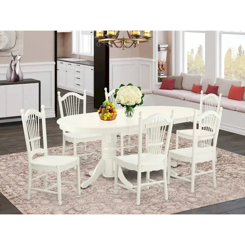 Set tavolo da pranzo ovale bianco lino con sedie con seduta in legno – Opzioni 5/7/9 posti