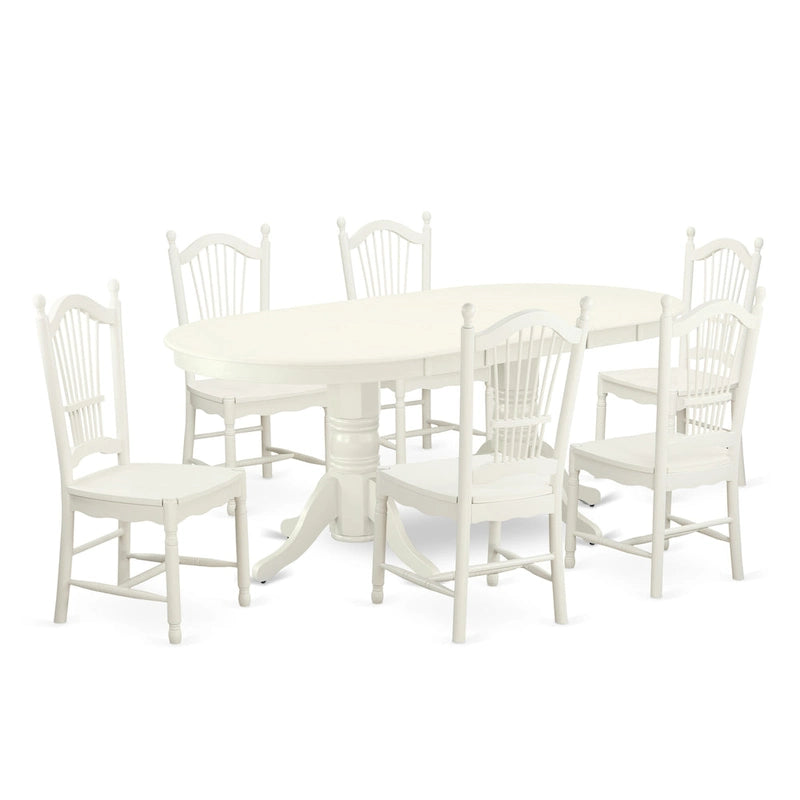 Set tavolo da pranzo ovale bianco lino con sedie con seduta in legno – Opzioni 5/7/9 posti