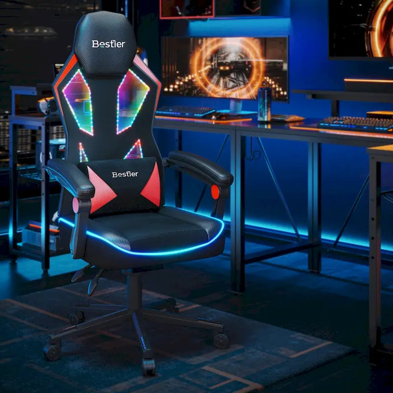 Sedia da Gaming Rosso/Nero e Nera, LED RGB, Reclinabile, per 1 Adulto