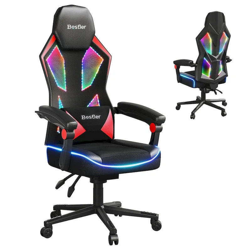 Sedia da Gaming Rosso/Nero e Nera, LED RGB, Reclinabile, per 1 Adulto