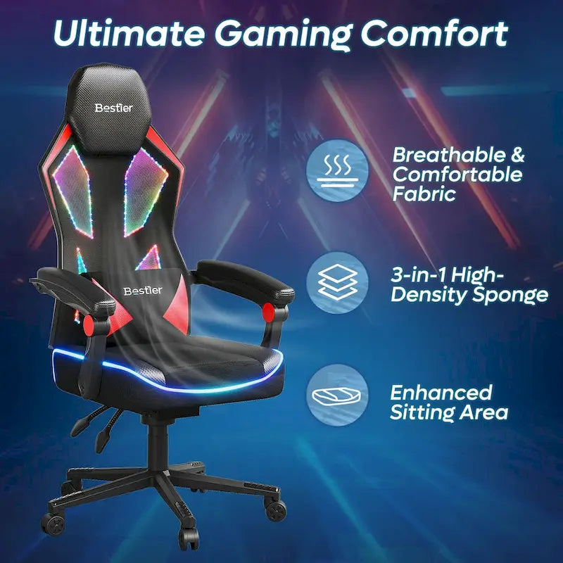 Sedia da Gaming Rosso/Nero e Nera, LED RGB, Reclinabile, per 1 Adulto