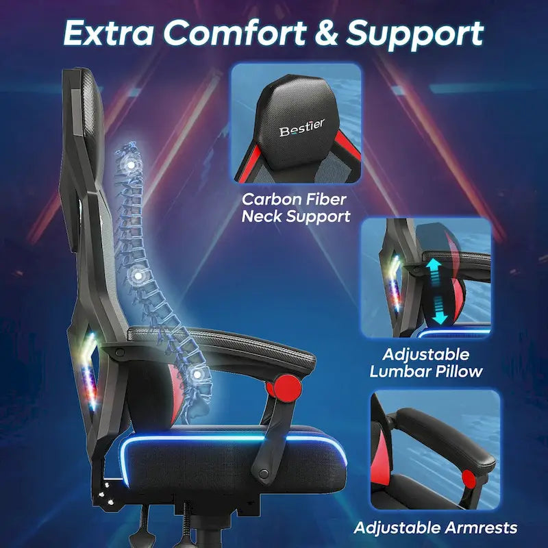 Sedia da Gaming Rosso/Nero e Nera, LED RGB, Reclinabile, per 1 Adulto