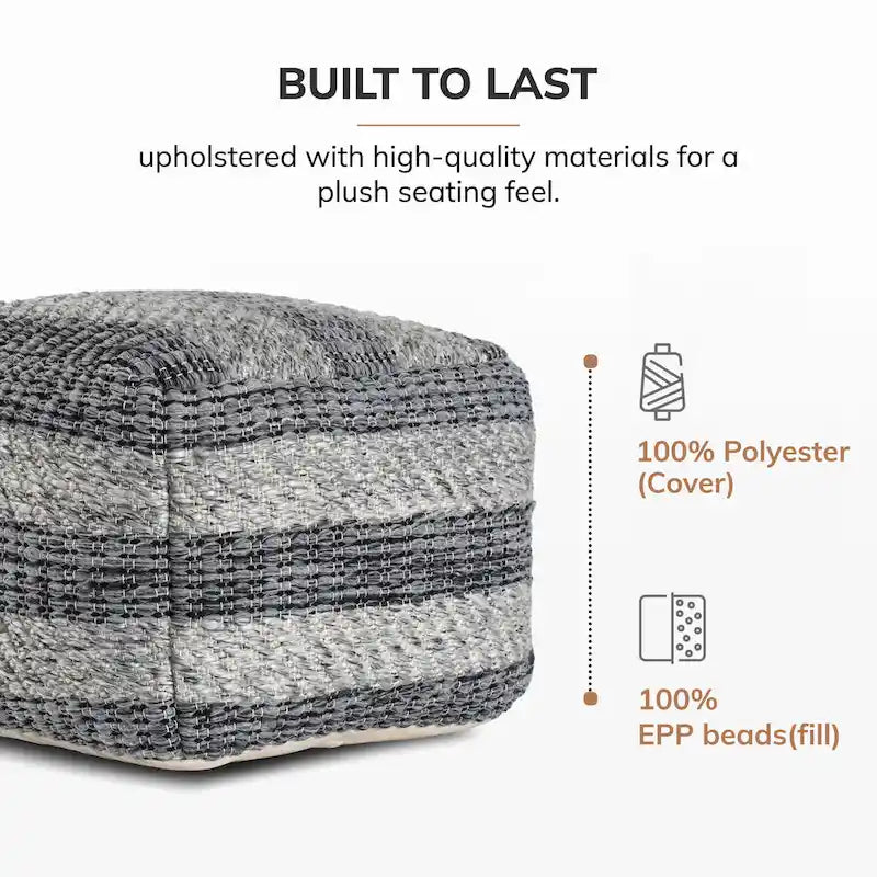 Pouf ottomano quadrato a righe grigie intrecciato a mano, 1 posto