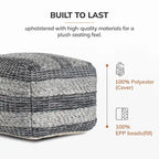 Pouf ottomano quadrato a righe grigie intrecciato a mano, 1 posto