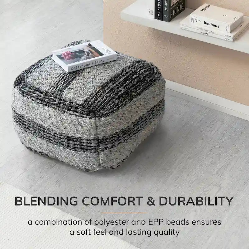 Pouf ottomano quadrato a righe grigie intrecciato a mano, 1 posto