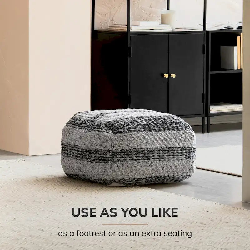 Pouf ottomano quadrato a righe grigie intrecciato a mano, 1 posto
