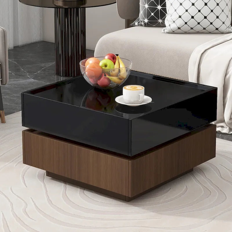 Tavolino da Caffè Rotante a 360° Quadrato con 2 Cassetti | Nero/Noce e Bianco/Noce
