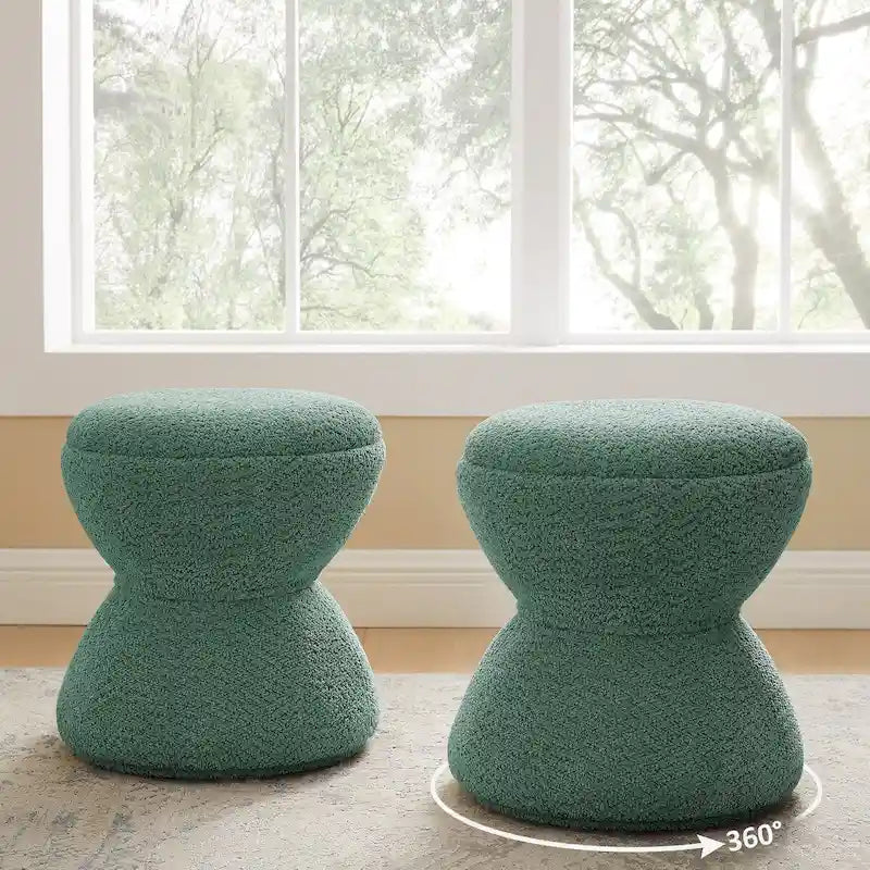 Pouf Rotondo Girevole in Bouclé, Stile Tamburo, Posto a Sedere per 1, Set da 2