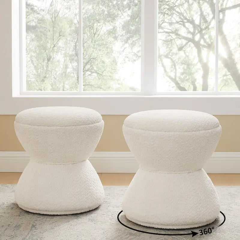 Pouf Rotondo Girevole in Bouclé, Stile Tamburo, Posto a Sedere per 1, Set da 2