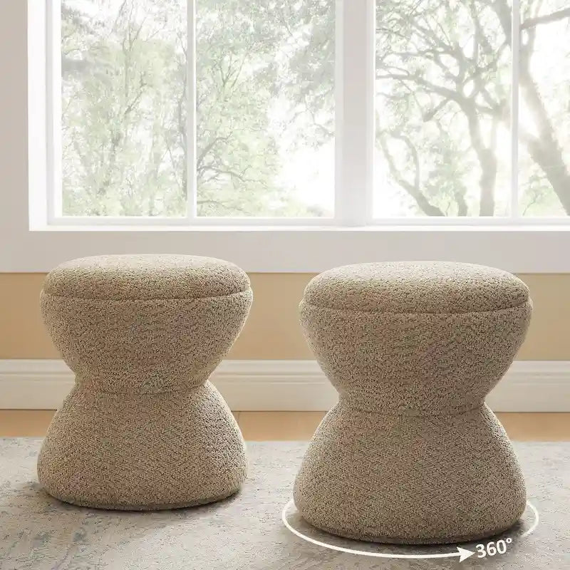 Pouf Rotondo Girevole in Bouclé, Stile Tamburo, Posto a Sedere per 1, Set da 2